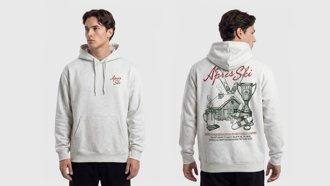 Après Ski Hoodie in Ash, front and back, with the log cabin back print