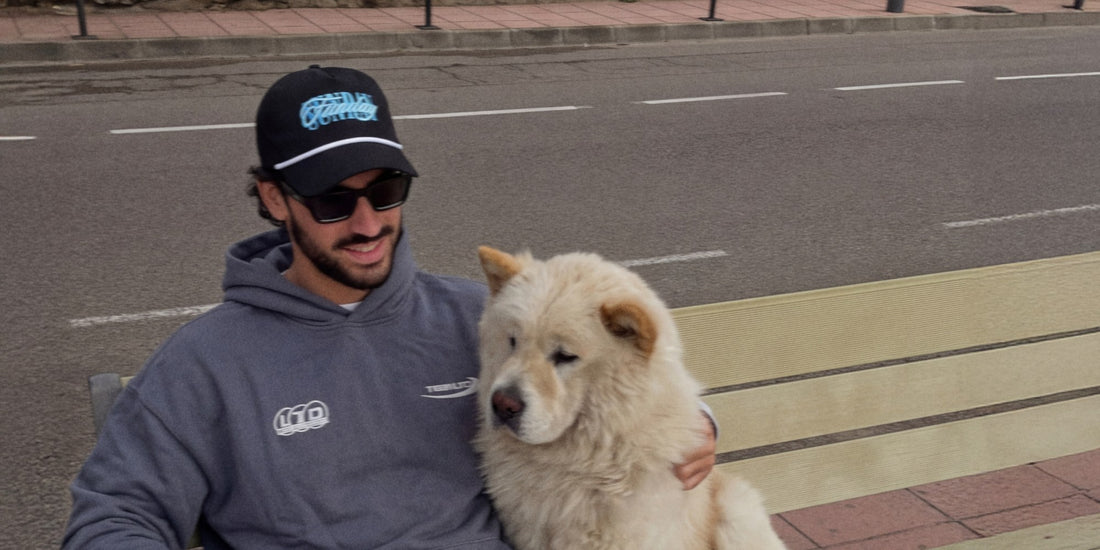 A man in a blue-grey TEAMLTD Essential Oversized Heavy Hoodie sits on a bench beside his fluffy cream dog