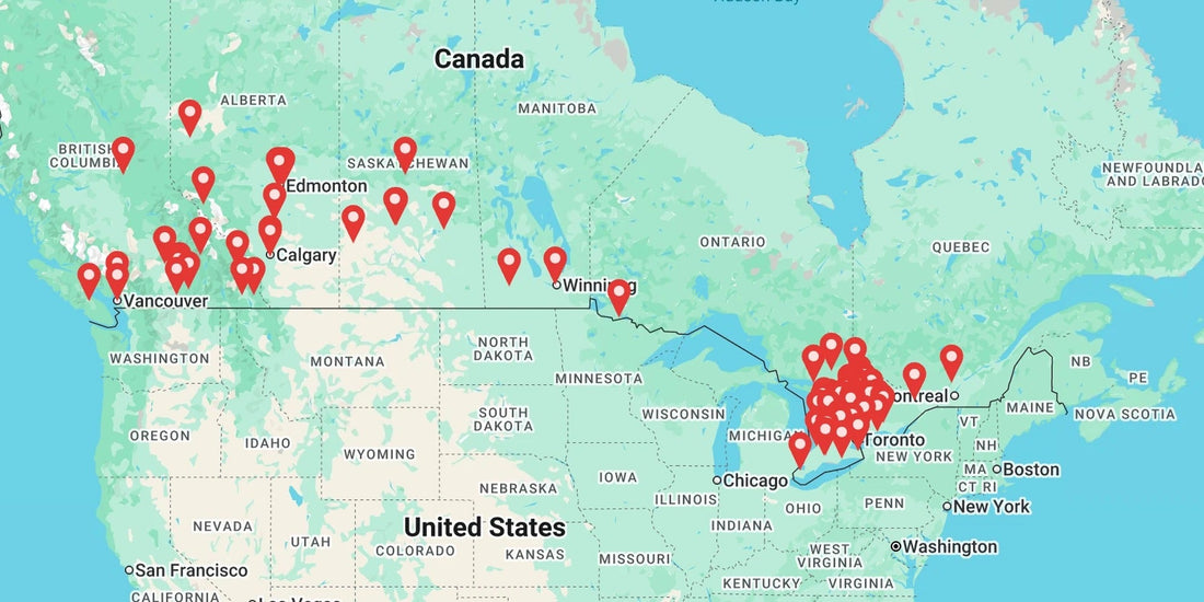Map of Canada with a red pin on every store that carries TEAMLTD, from British Columbia to Quebec